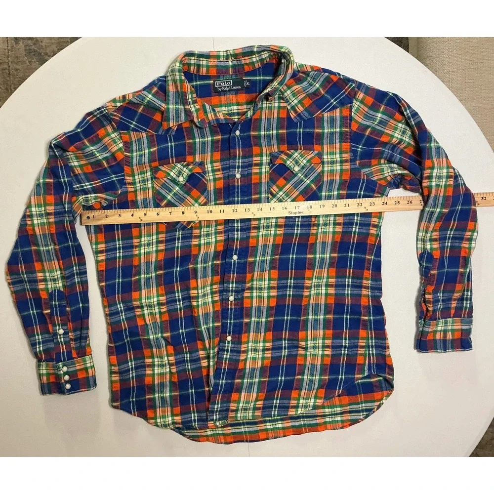 VTG Y2K Polo‎ Ralph Lauren Men XL Plaid Flannel Pearl Snap Longsleeve Multicolor